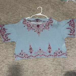 Free People Small Light Blue Embroided Shirt